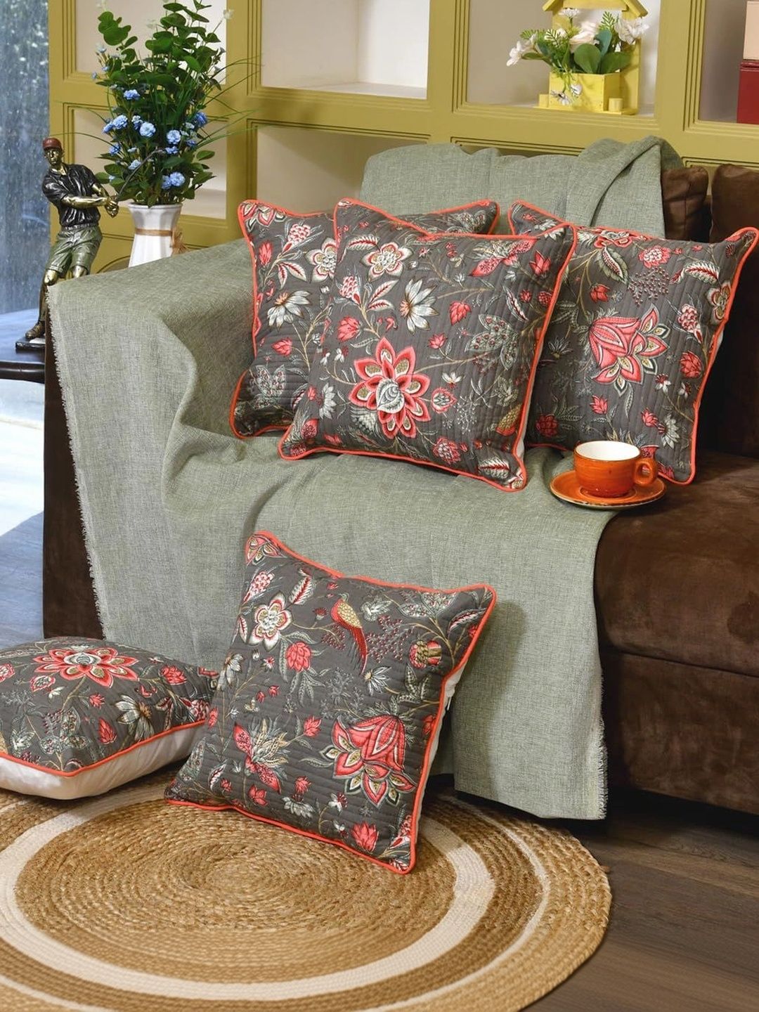Aura Grey & Pink Set of 5 Floral Square Cushion Covers-picture-16