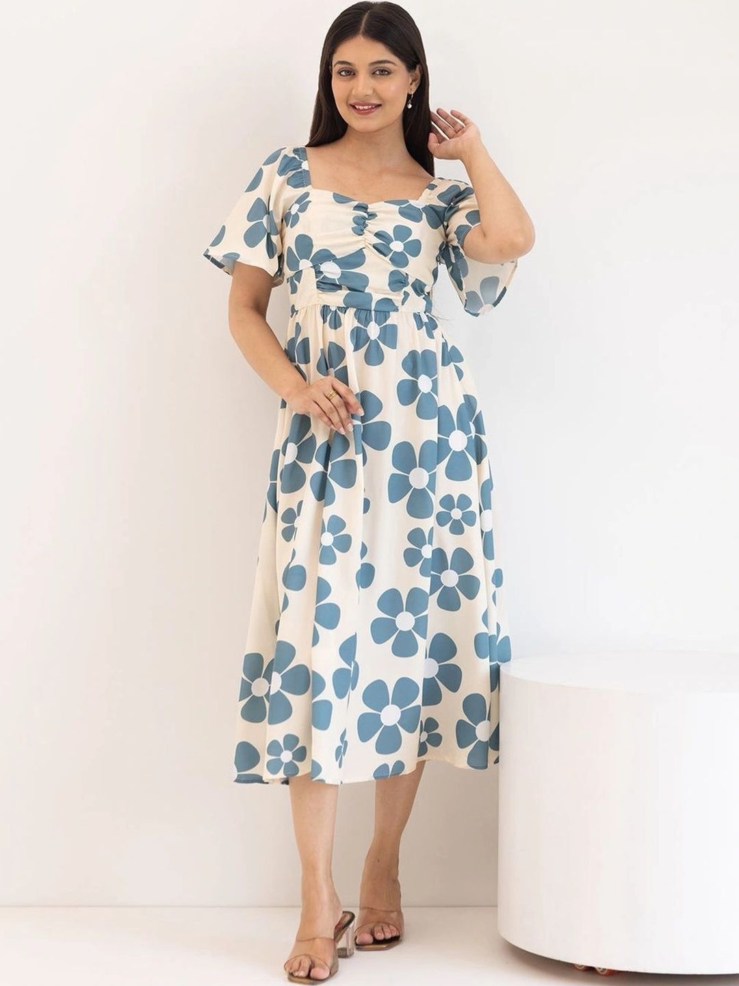 Sangria Floral Printed Fit & Flare Midi Dress-image-45