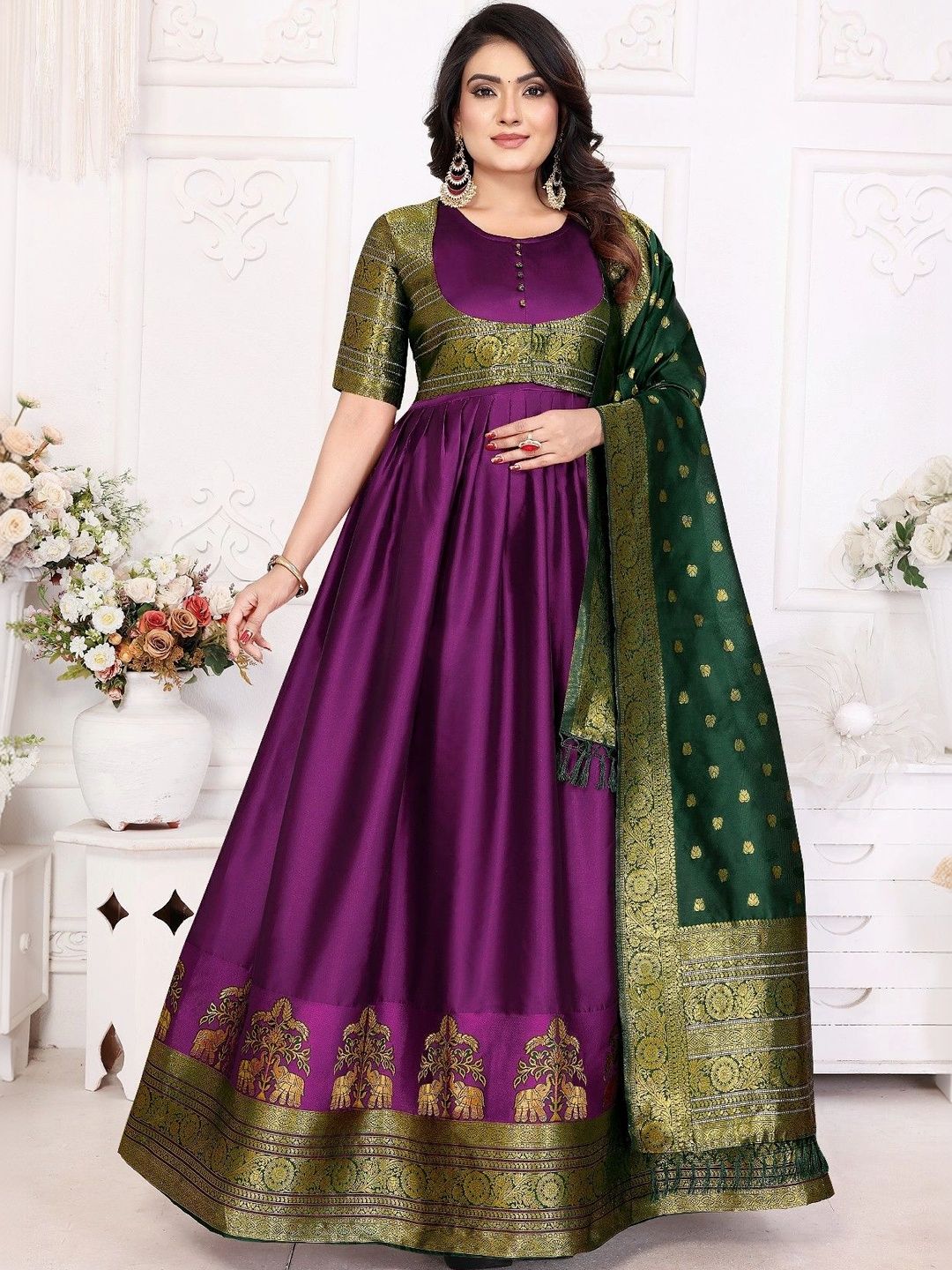 Kinjhit Fashion Woven Design Round Neck Fit & Flare Maxi Ethnic Dress With Dupatta-picture-23