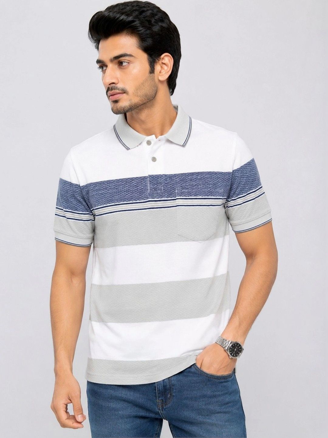 OKIA Men Striped Polo Collar Pure Cotton Blend Pockets T-shirt-picture-22