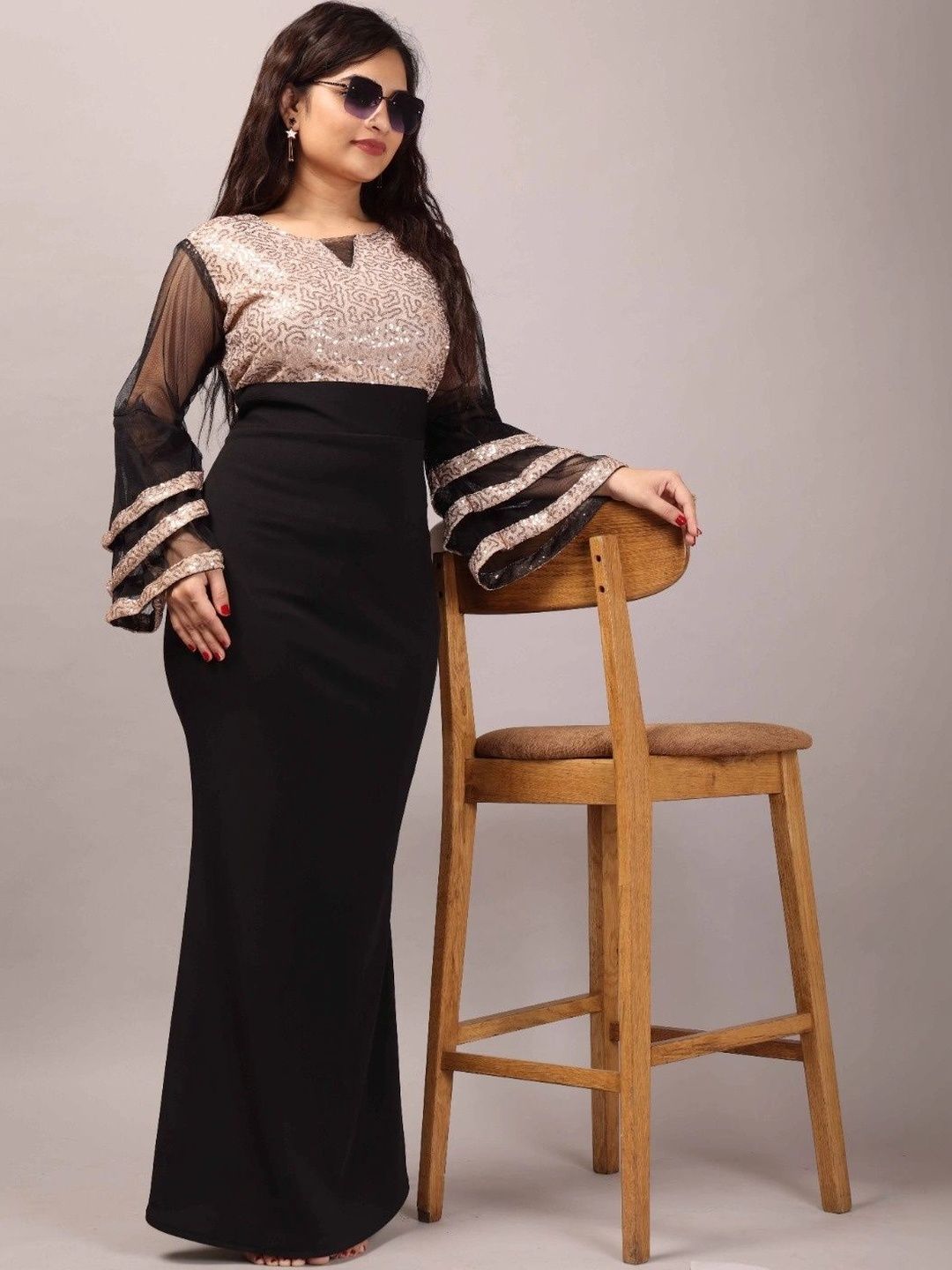 VRAJ FASHION Embellished Bell Sleeve Maxi Dress-image-26