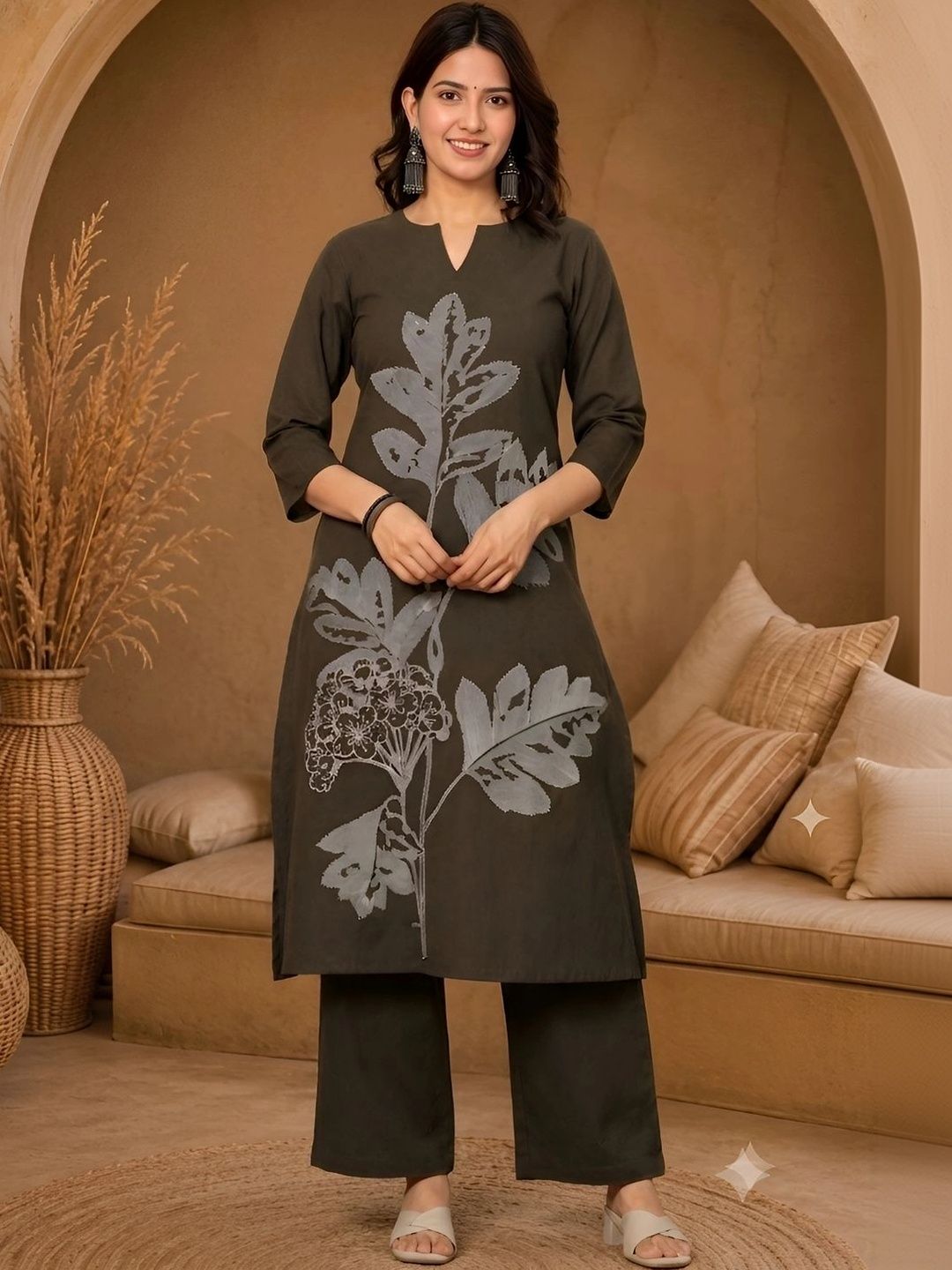 Anouk Rustic Women Floral Embroidered Regular Thread Work Pure Cotton Kurta with Trousers-picture-13