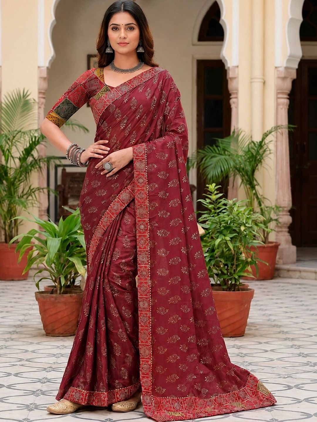 Jaipur Vogue Ethnic Motifs Zari Poly Chiffon Designer Block Print Saree-picture-29