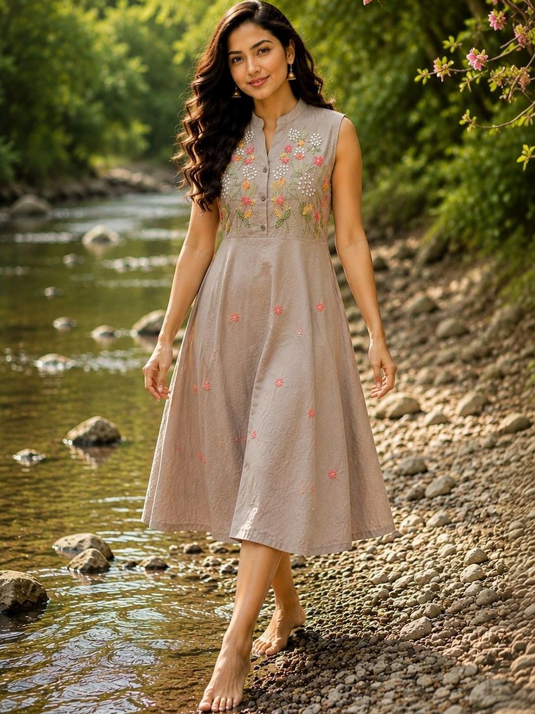 Crazy Needle Floral Embroidered A-Line Midi Dress-image-23