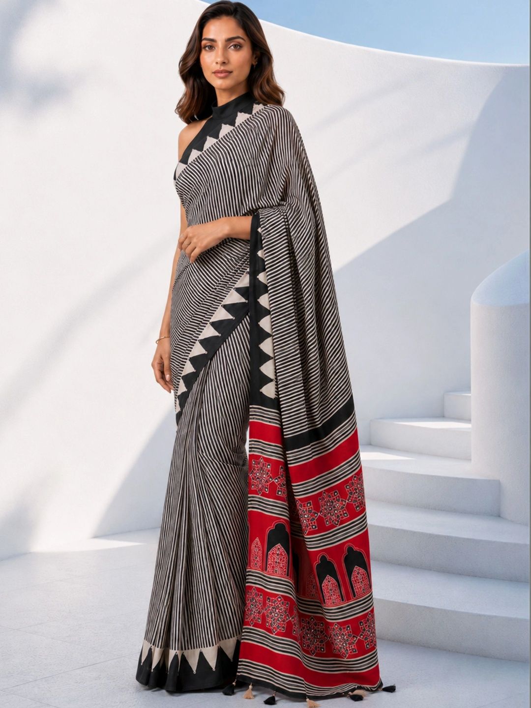 VASTRAMAY Striped Mirror Work Silk Blend Saree-image-23