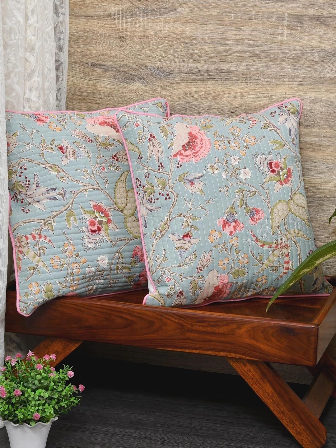 Aura Green & White Set of 2 Floral Square Cushion Covers-picture-15