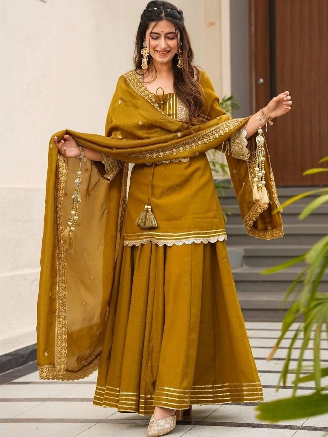 Frenzy Fusion Women Ethnic Motifs Embroidered Regular Silk Crepe Kurta with Sharara & With Dupatta-picture-45