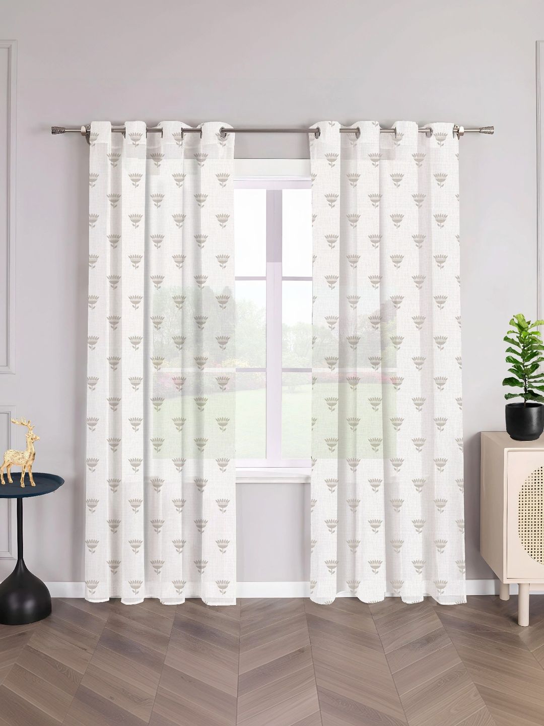 AAVIS DECOR Camel Brown Set of 2 Floral Sheer Window Curtain-picture-57