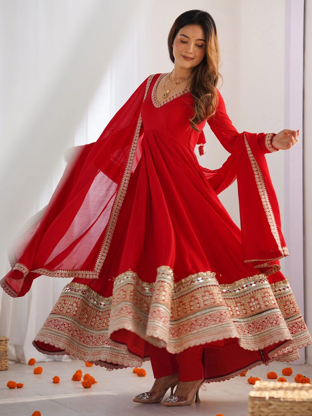 HERE&NOW Women Ethnic Motifs Empire Mirror Work Kurta with Pyjamas & With Dupatta-picture-44