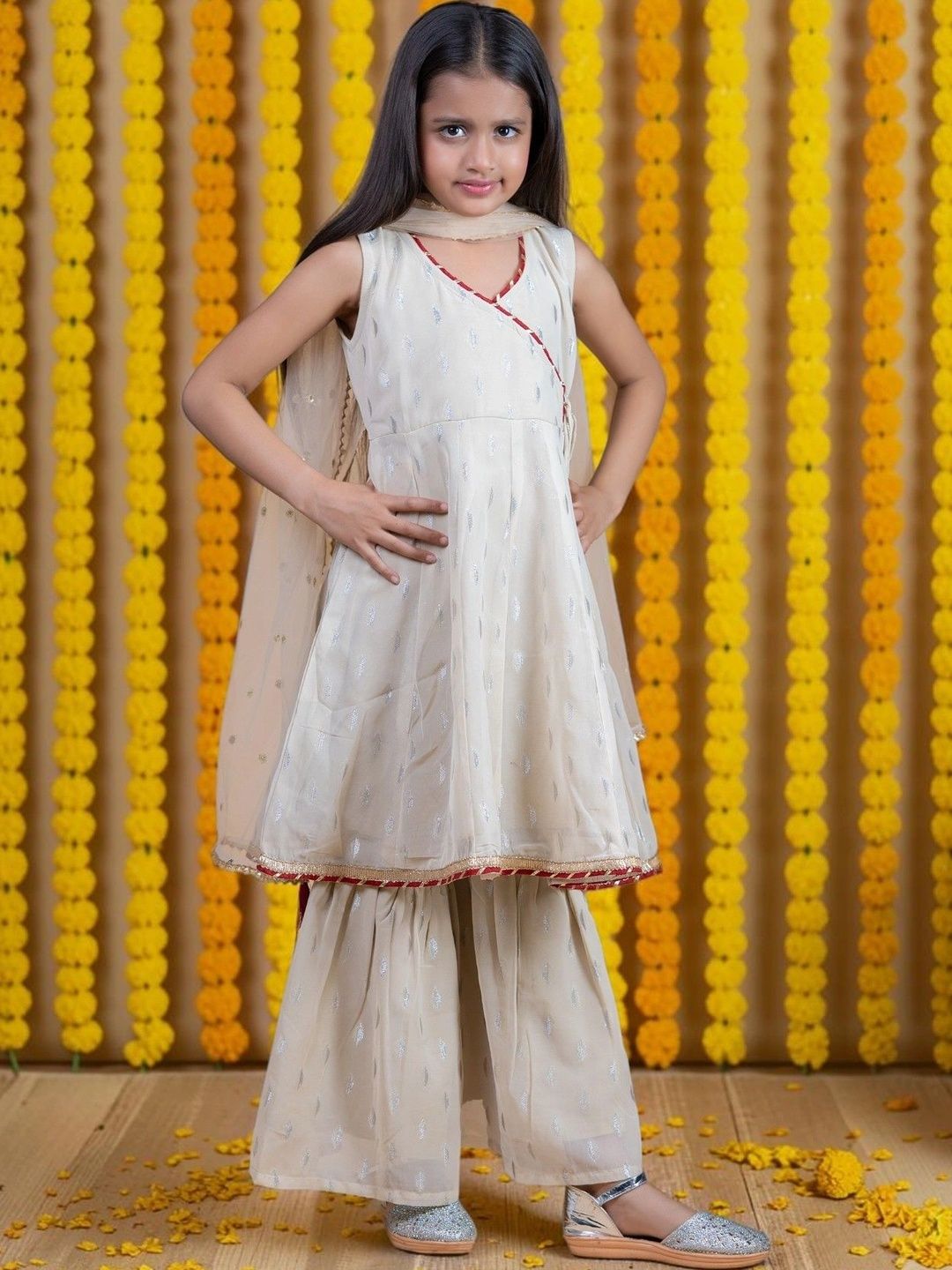 Azira Girls Printed Angrakha Sequinned Kurta with Sharara & With Dupatta-picture-41