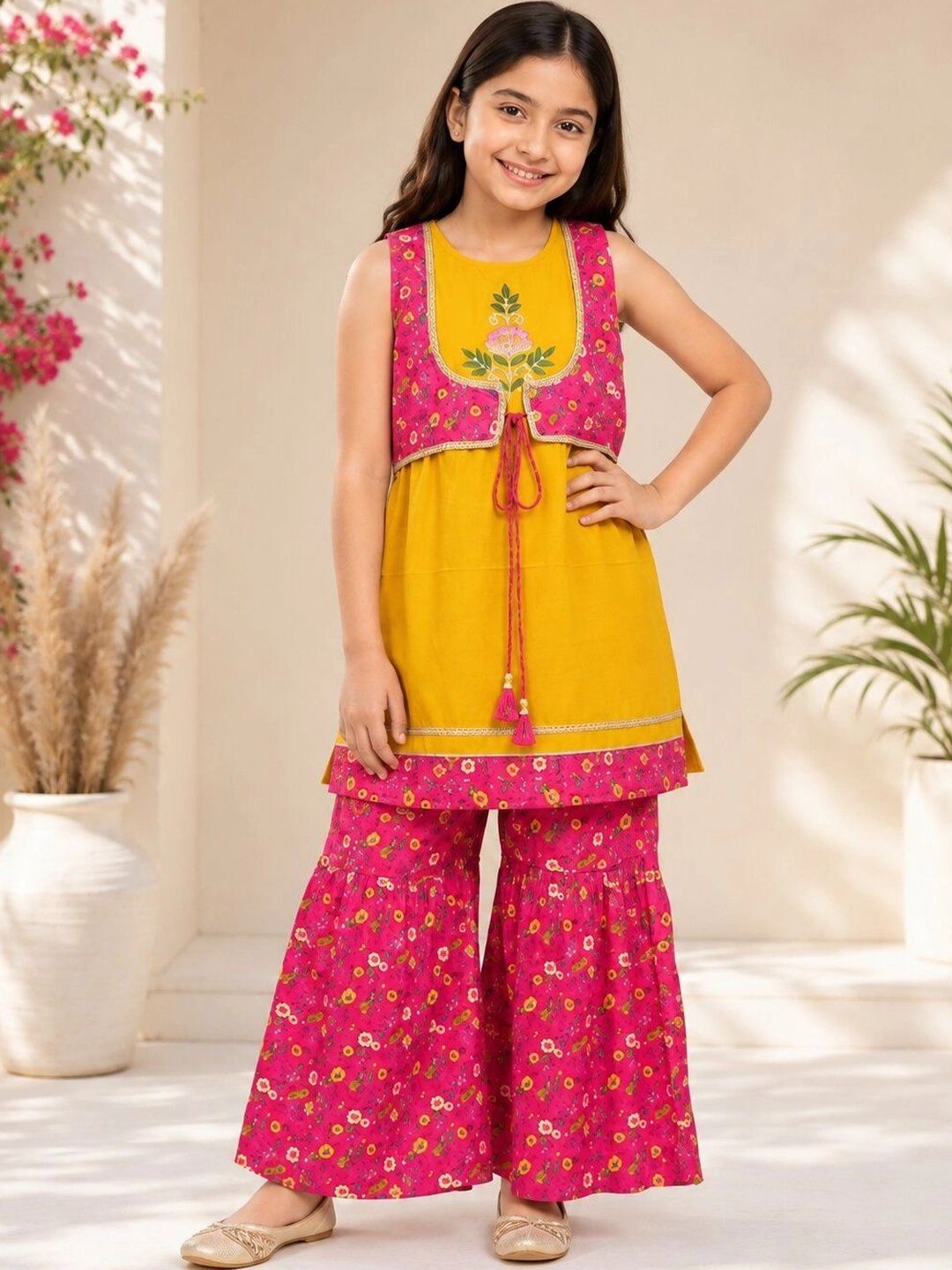 KAVISH Girls Floral Regular Thread Work Kurti with Sharara-image-8