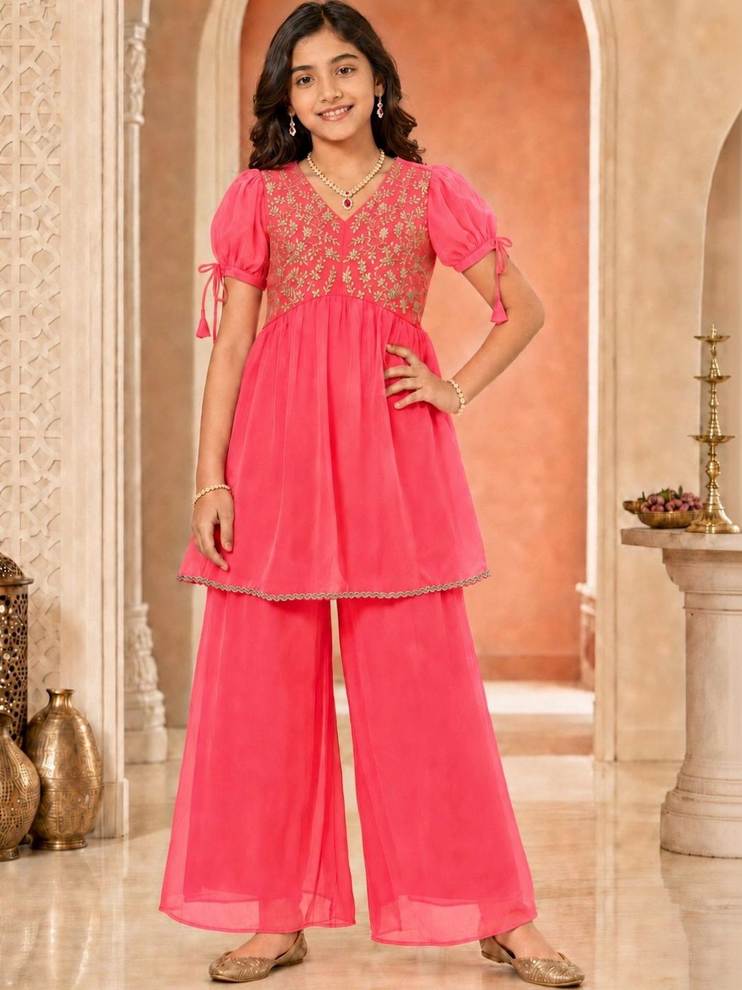 pspeaches Girls Floral Embroidered Empire Thread Work Kurta with Palazzos-picture-25
