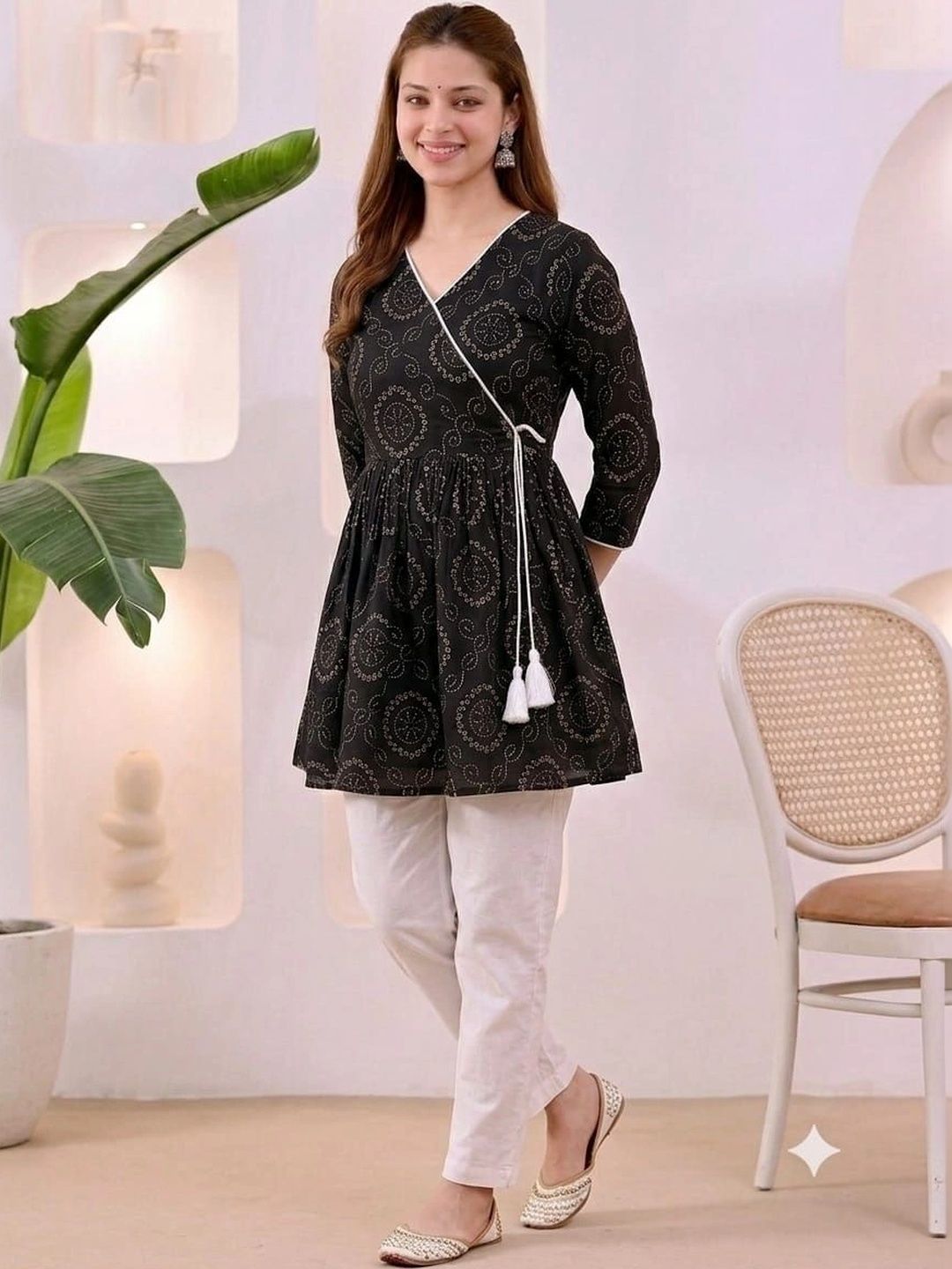 Vastrakaya Bandhani Printed V-Neck Pure Cotton Blend Angrakha Kurti-image-36