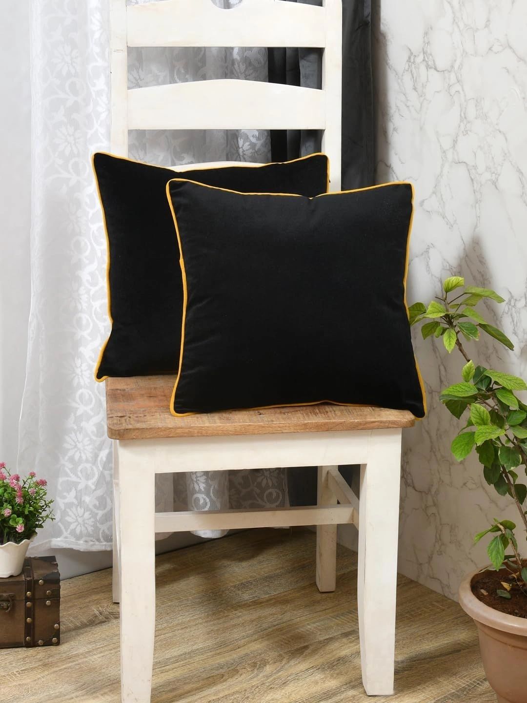 Aura Black & Yellow Set of 2 Velvet Square Cushion Covers-picture-39
