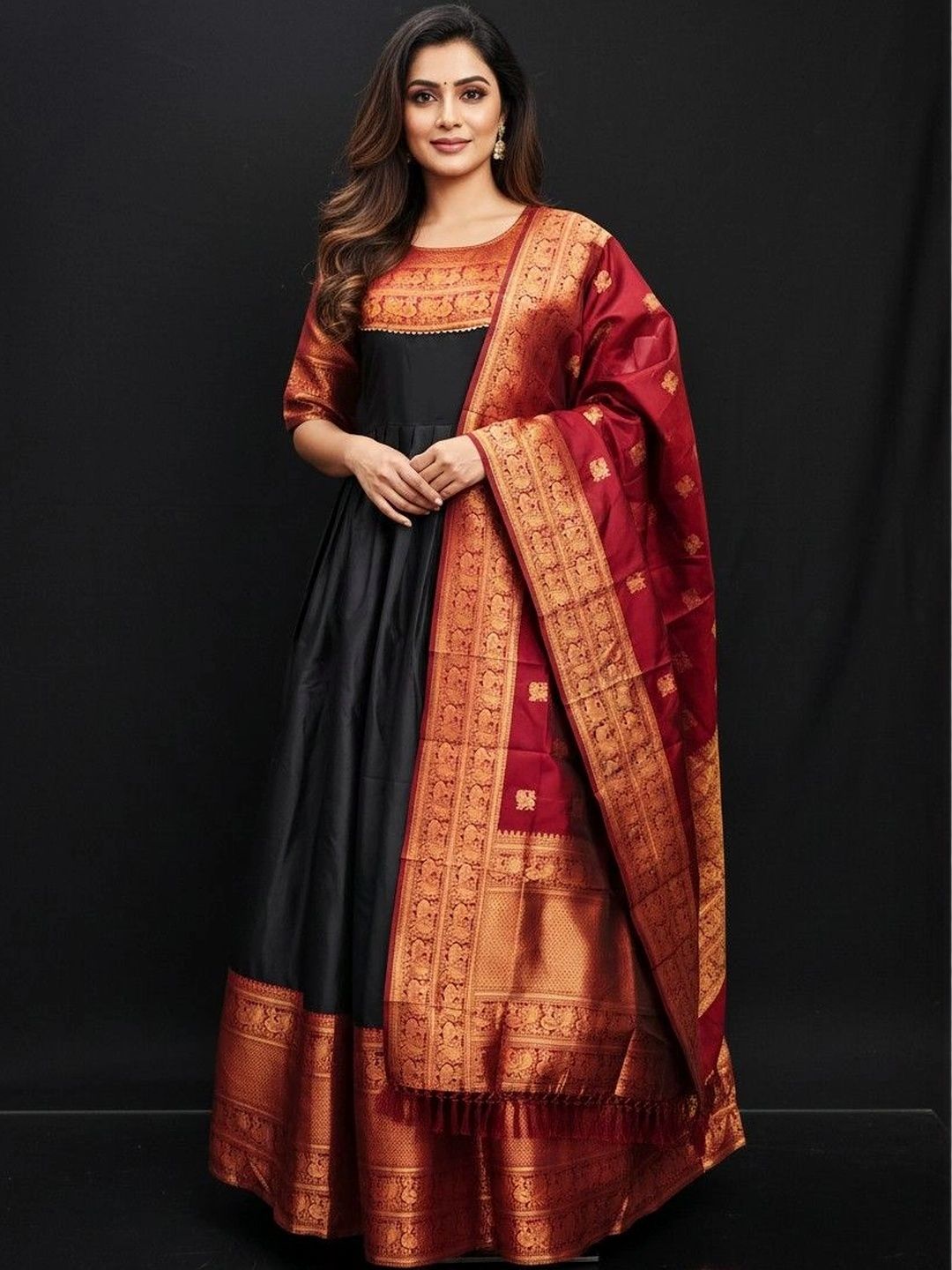 Kinjhit Fashion Woven Design Round Neck Fit & Flare Maxi Ethnic Dress With Dupatta-picture-54