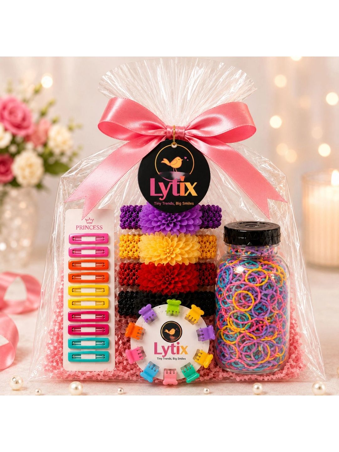 LYTIX Set Of 4 Flower Stretch Hair Bands, Tic Tac & Mini Hair Clips With Rubber Bands-picture-56