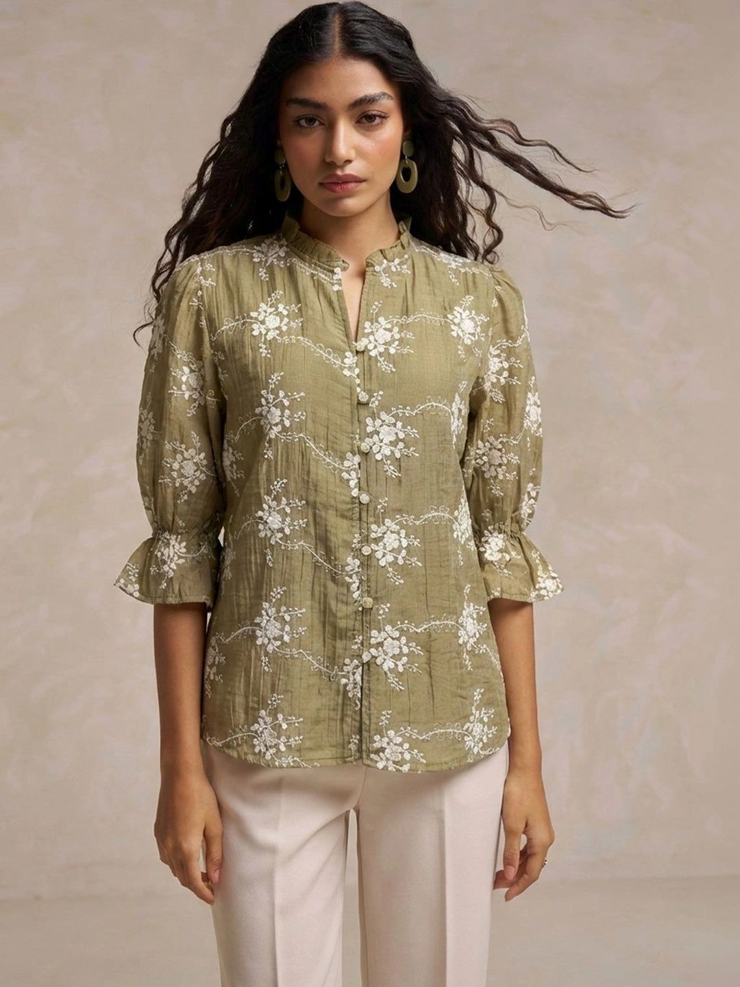 SHECZZAR Floral Embroidered Mandarin Collar Puff Sleeve Ruffles Cotton Top-picture-36