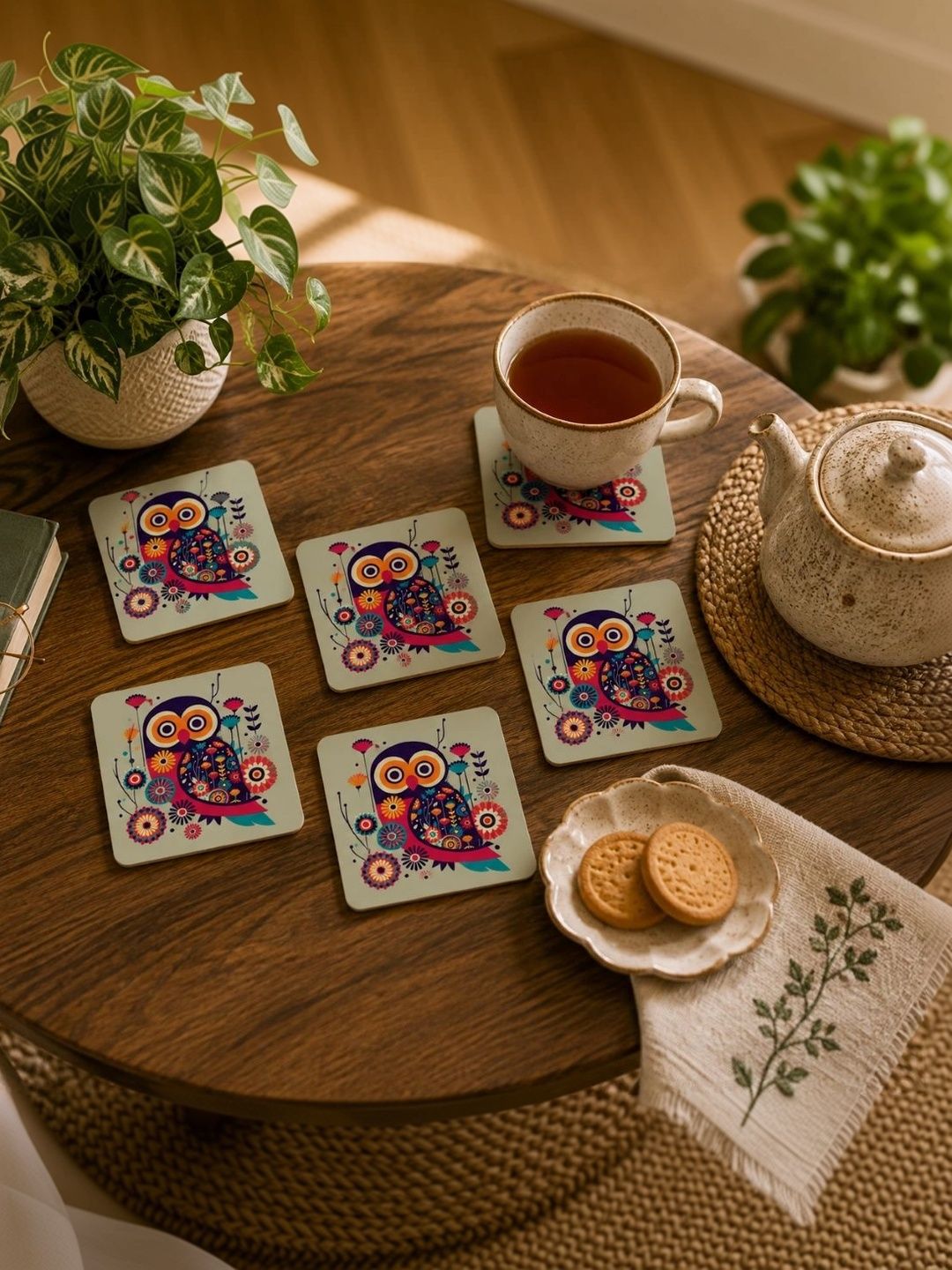 TAJNAN 6-Pcs Green & Red Printed Wood Coasters-image-33