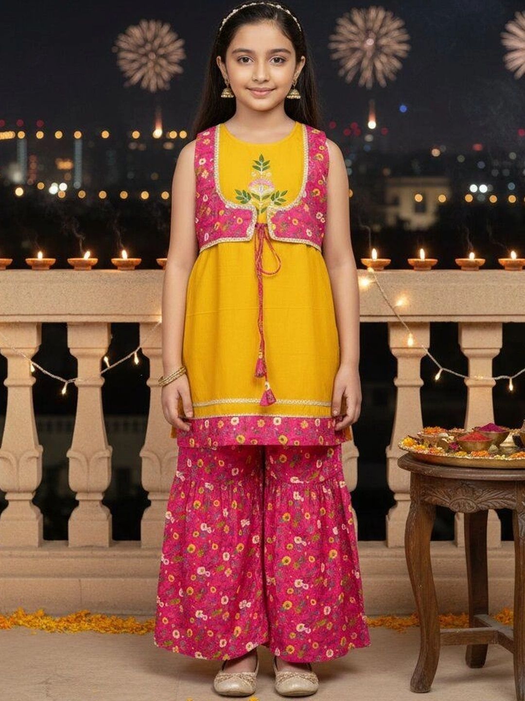 KAVISH Girls Floral Embroidered Regular Thread Work Kurta with Sharara-picture-52