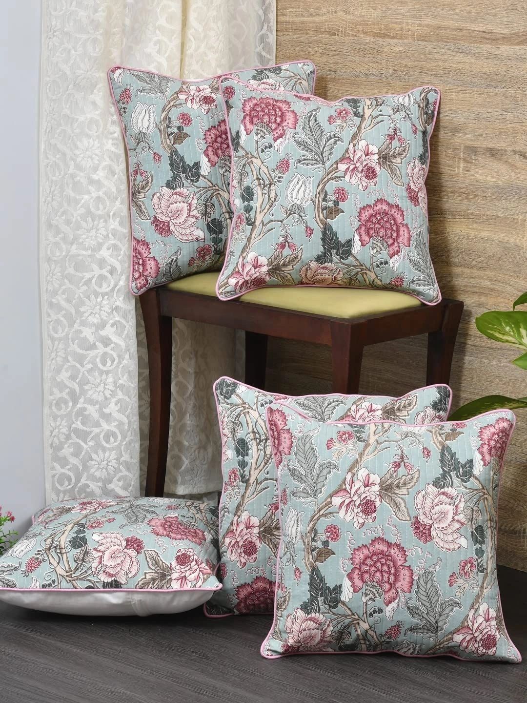 Aura Grey & Pink Set of 5 Floral Square Cushion Covers-image-24