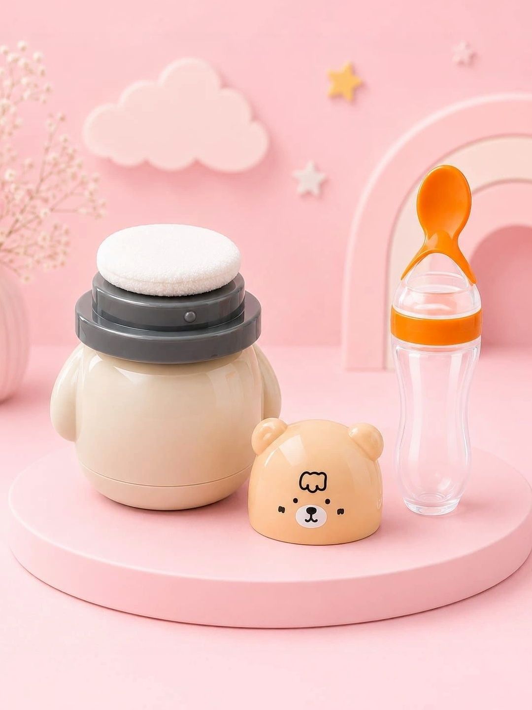 Joy Buzz Yellow & White Printed BPA Free Baby Food Feeder Spoon & Powder Puff Combo-picture-25