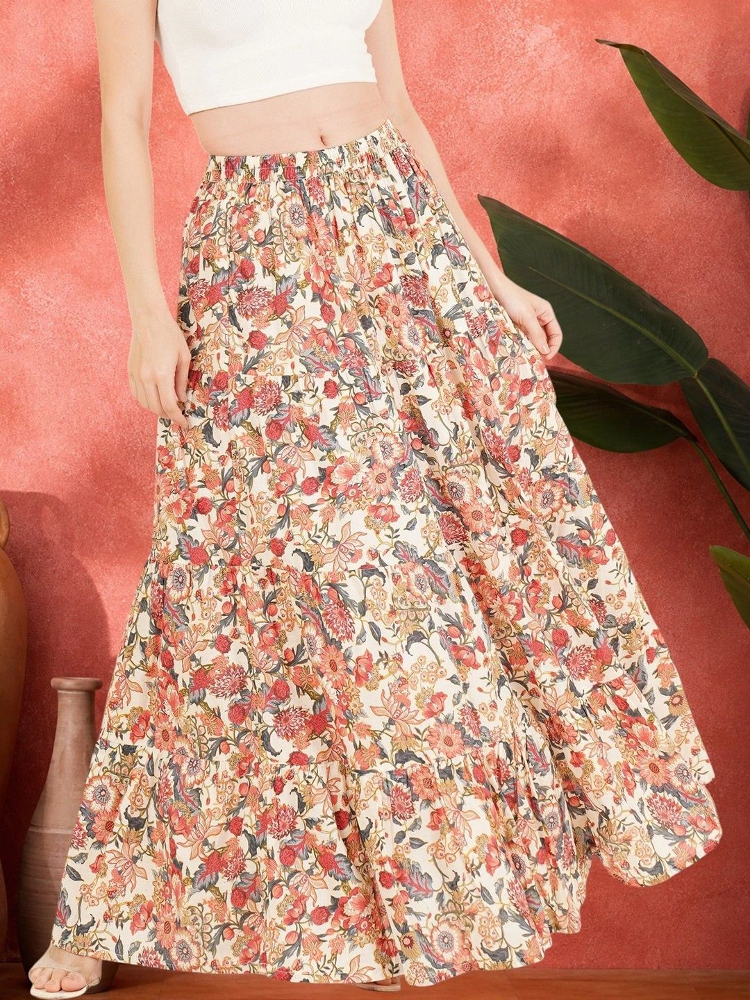 Sangria Women Pure Cotton Blend Cotton Cambric Floral Maxi Flared Skirt-picture-13