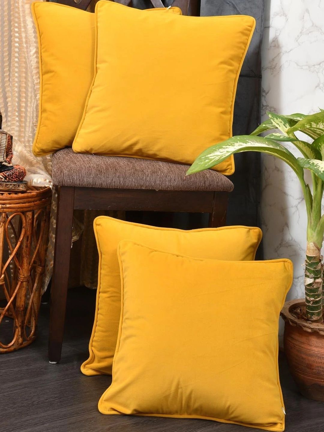 Myntra Elegant Homes Yellow Set of 4 Velvet Square Cushion Covers-image-40
