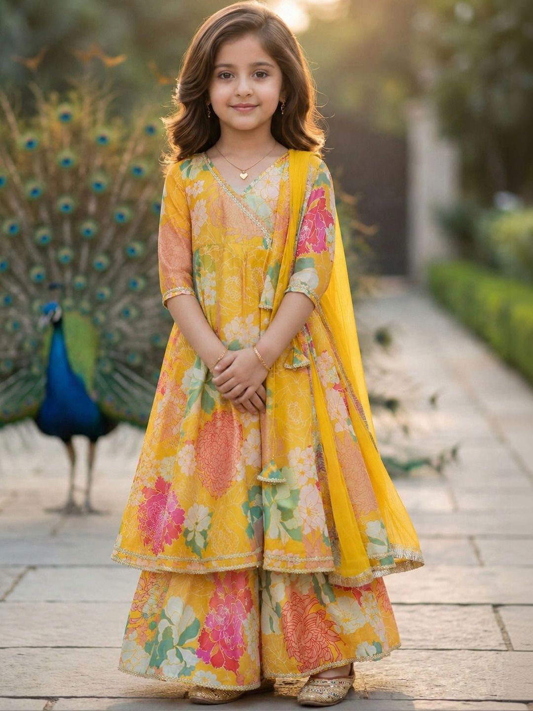 KALINI Girls Floral Printed Angrakha Gotta Patti Chanderi Silk Kurta with Sharara & With Dupatta-image-40
