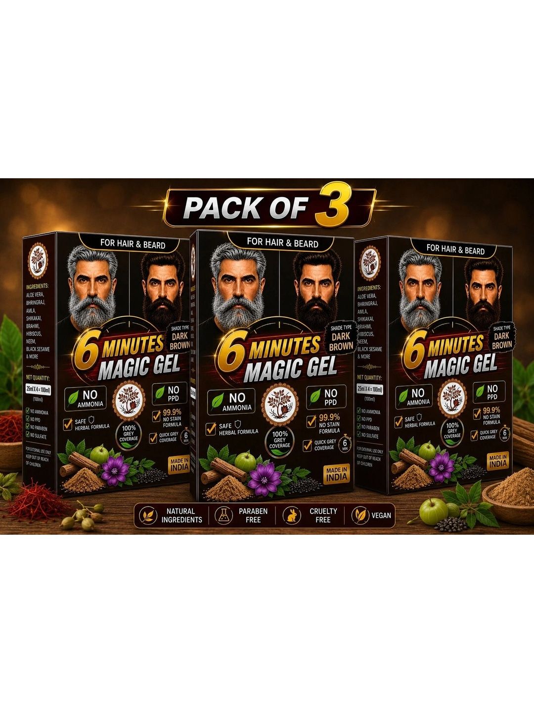 CADDIM NATURALS Set Of 3 6 Minutes Magic Gel Hair & Beard Colour - 100 ml Each -Dark Brown-image-17