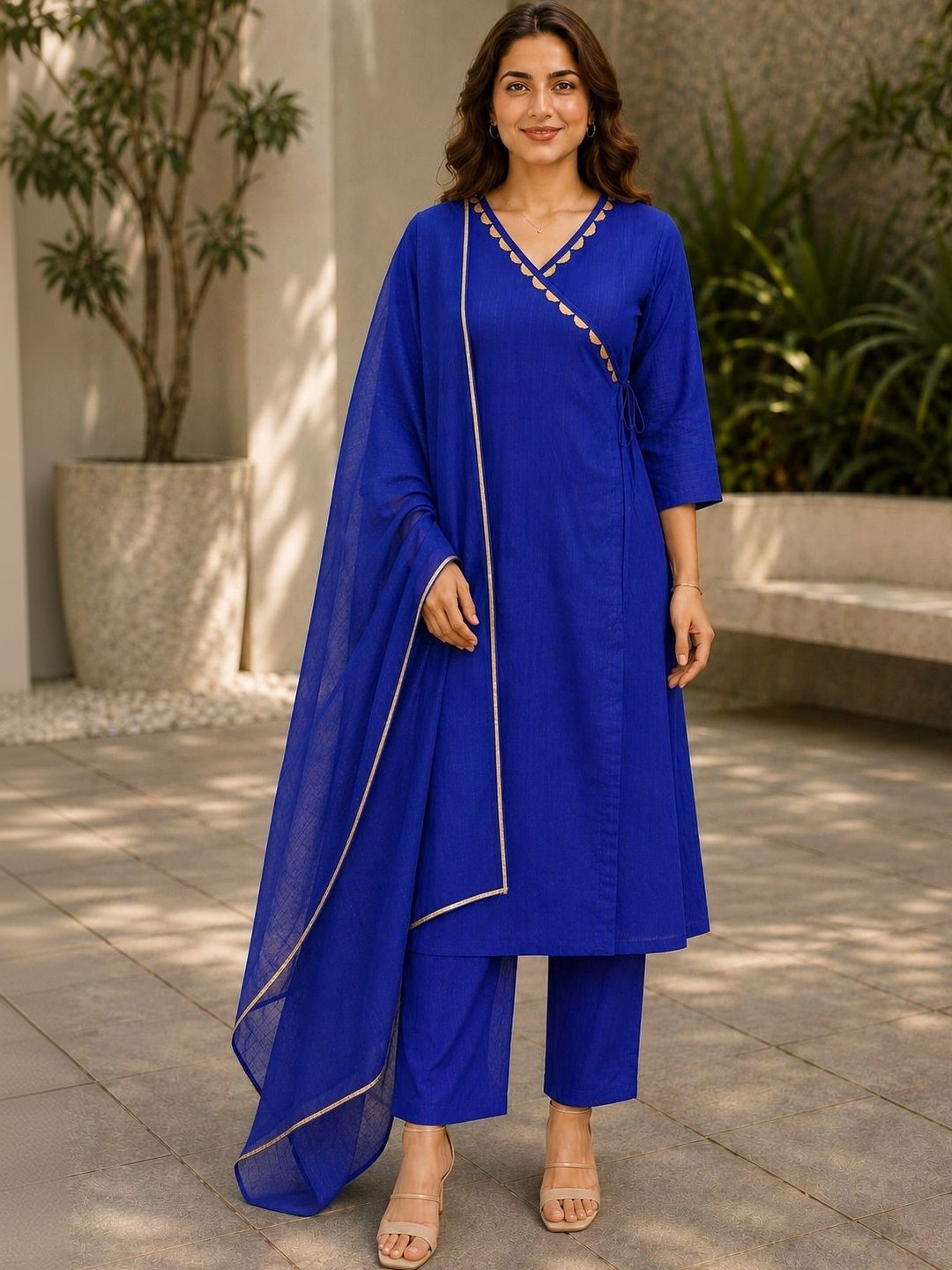 Suha Women Ethnic Motifs Angrakha Pure Cotton Kurta with Trousers & With Dupatta-image-8