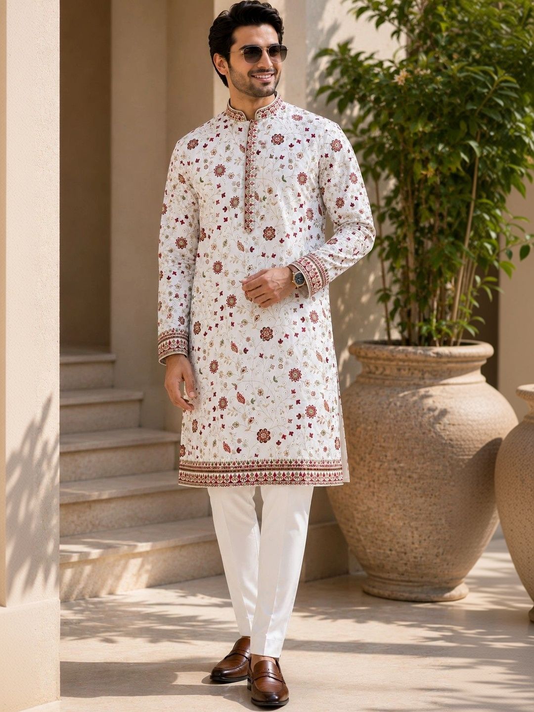 House of Pataudi Men Floral Embroidered Thread Work Floral Kurta-picture-18