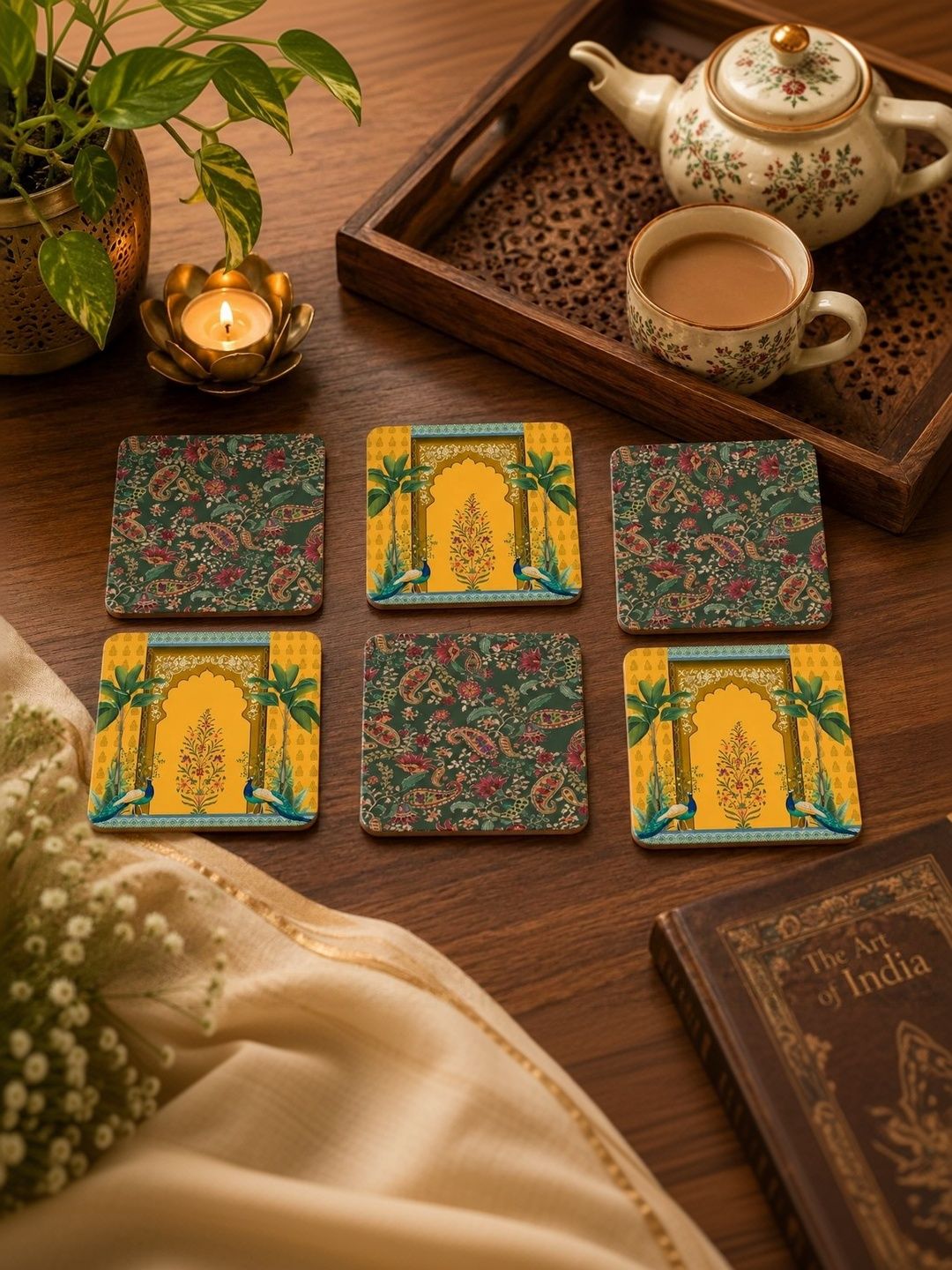 TAJNAN 6-Pcs Green & Red Printed Wooden Coasters-image-6