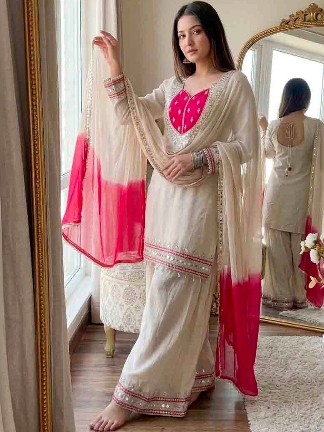 KEALAWOMENCLOTHING Women Embroidered Regular Mirror Work Kurta with Sharara & With Dupatta-picture-36