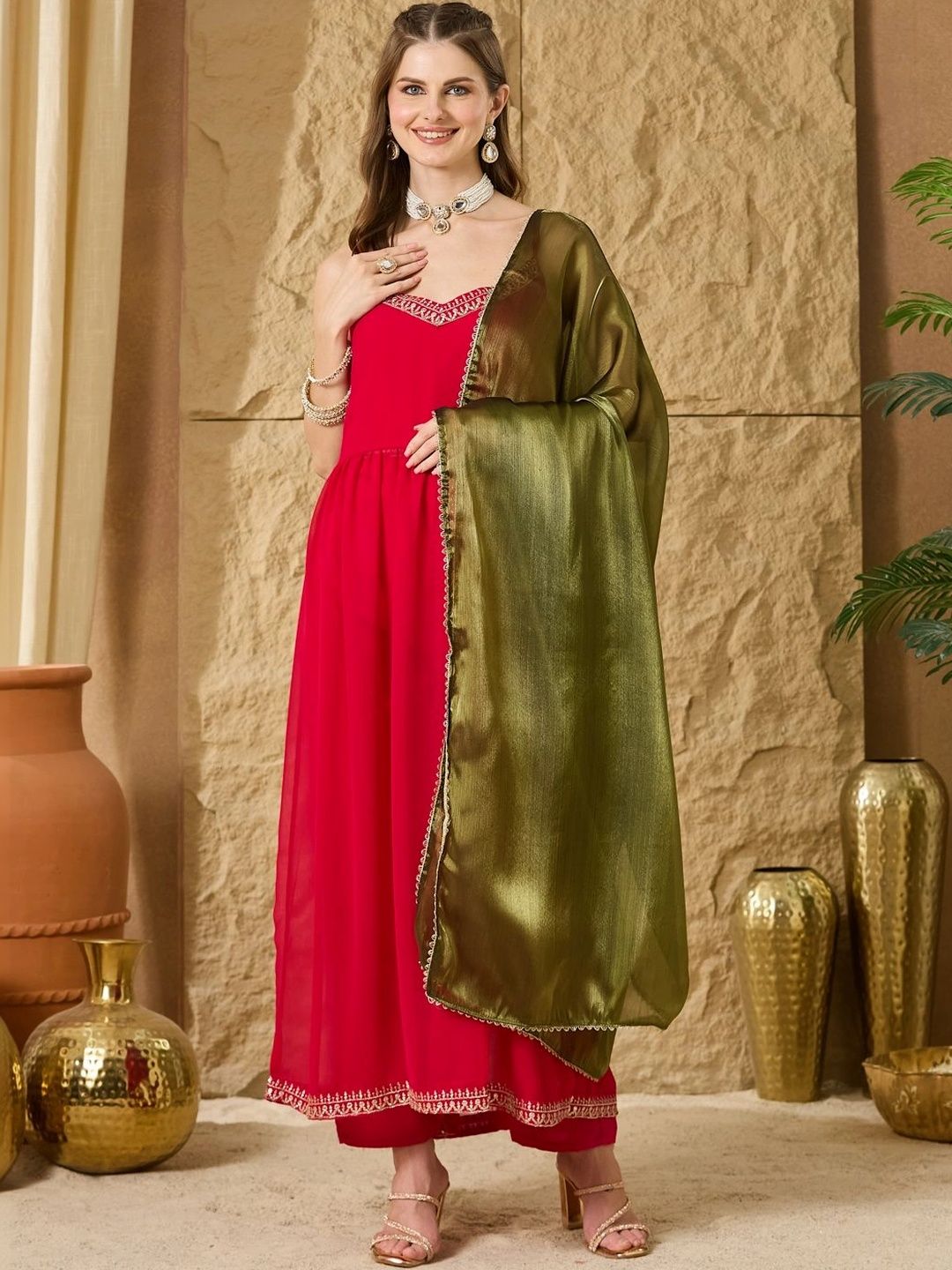 Anouk Women Ethnic Motifs Embroidered Empire Thread Work Kurta with Trousers & With Dupatta-image-35