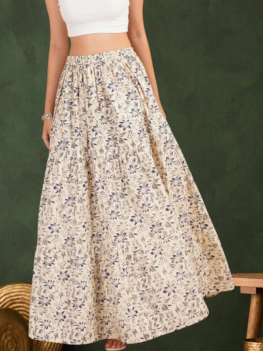 Sangria Women Pure Cotton Blend Cotton Cambric Floral Maxi Flared Skirt-picture-37