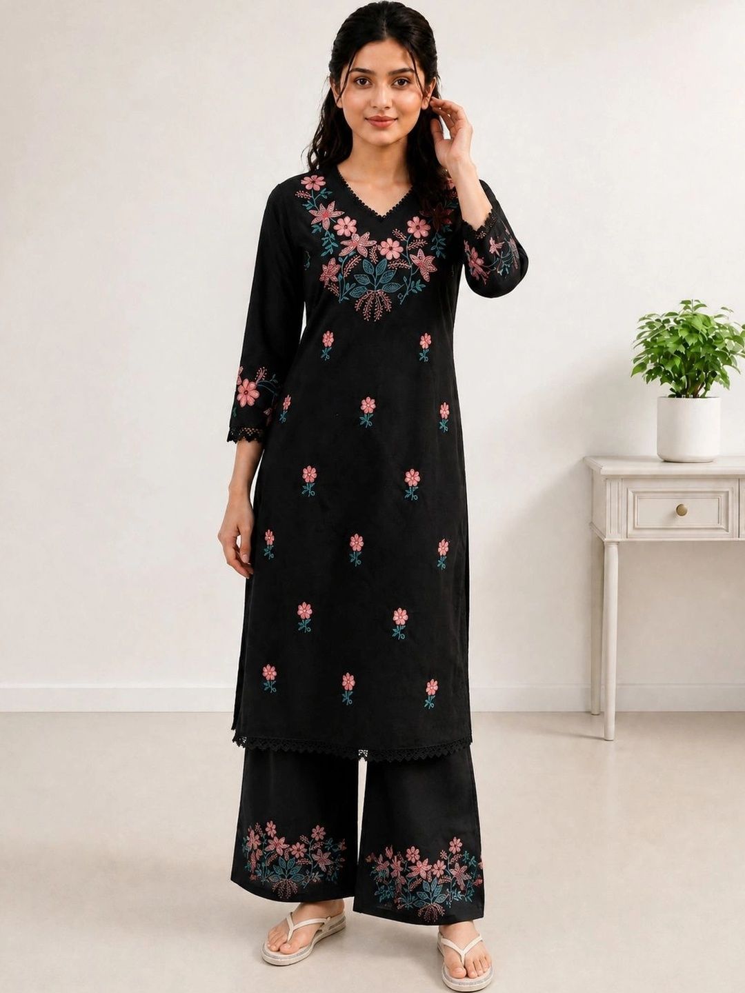 Moda Rapido Women Floral Embroidered Regular Thread Work Kurta with Palazzos-picture-13