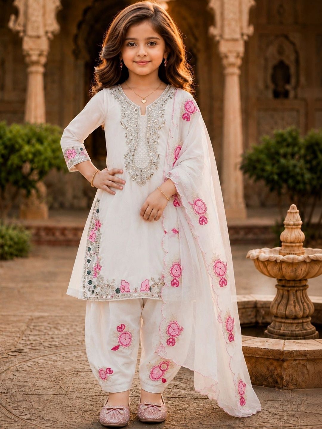 KALINI Girls Floral Embroidered Regular Sequinned Silk Crepe Kurta with Patiala & With Dupatta-picture-15
