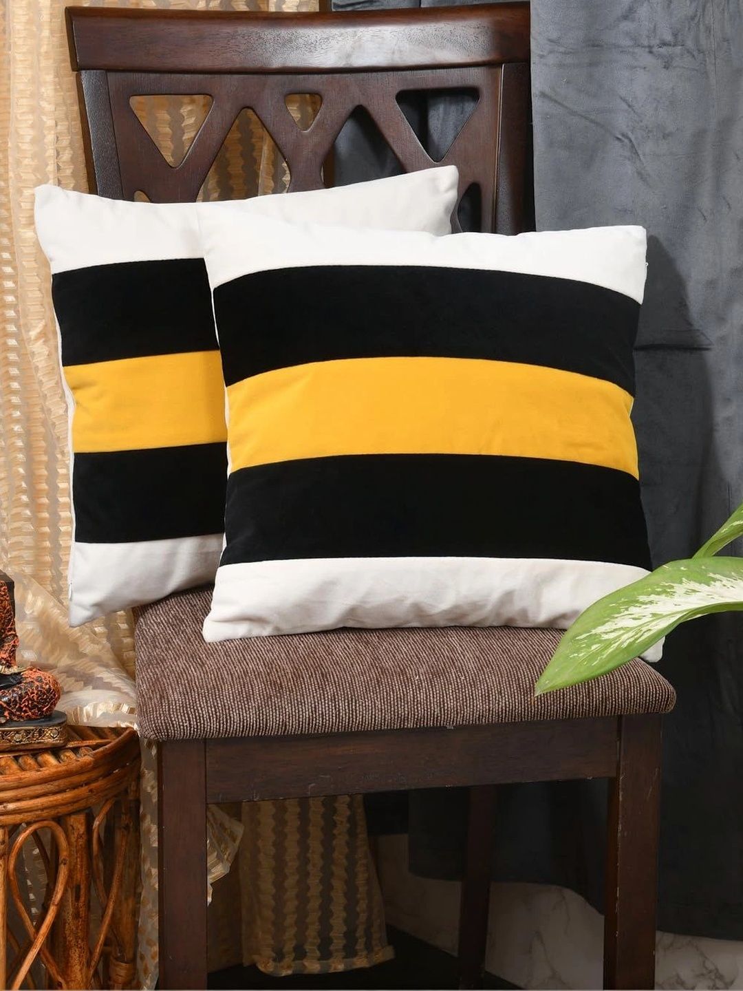 Aura White & Multicoloured Set of 2 Striped Velvet Square Cushion Covers-image-48