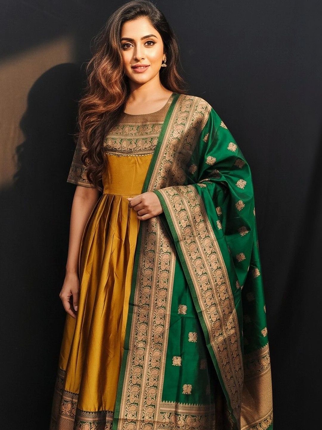 Kinjhit Fashion Woven Design Round Neck Fit & Flare Maxi Ethnic Dress With Dupatta-picture-25
