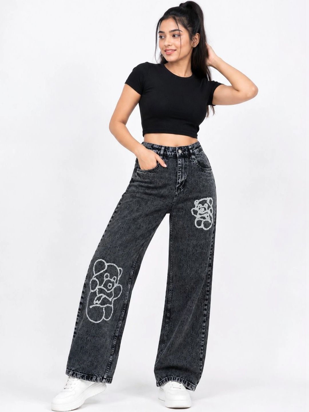 DS CREATIVE Women Wide Leg Mid-Rise Light Fade Embellished Jeans-picture-16