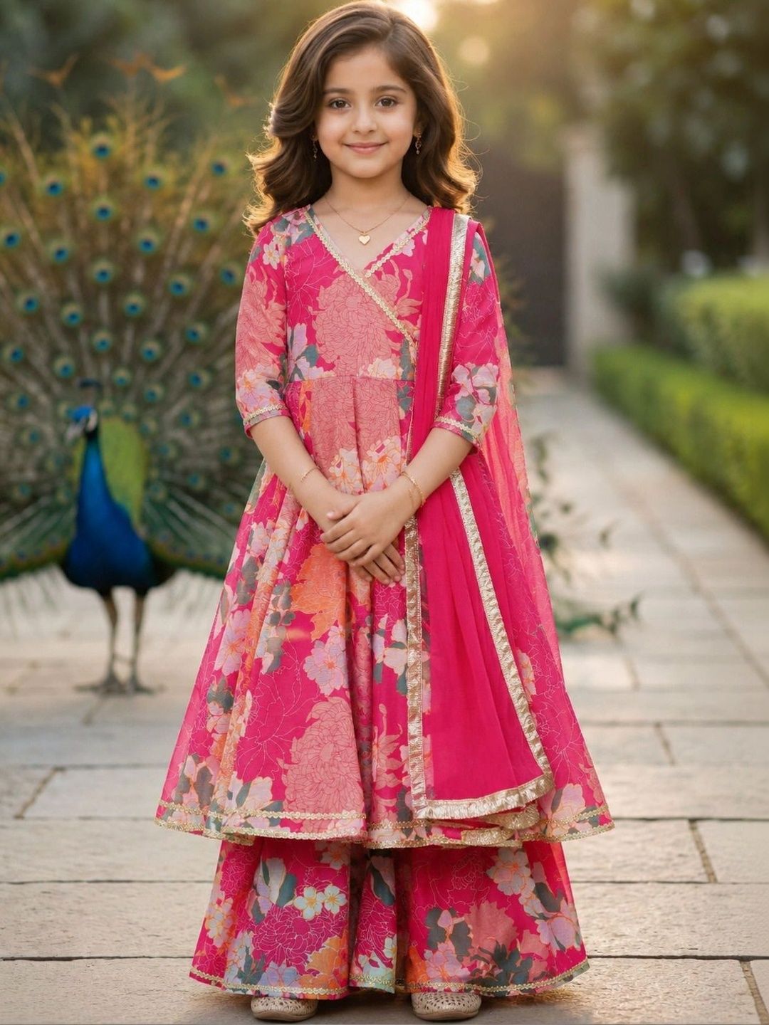 KALINI Girls Floral Printed Angrakha Chanderi Silk Kurta with Sharara & With Dupatta-image-25