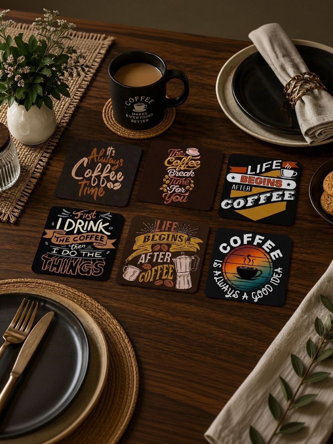 TAJNAN 6-Pcs Black & White Printed Wood Coasters-picture-10