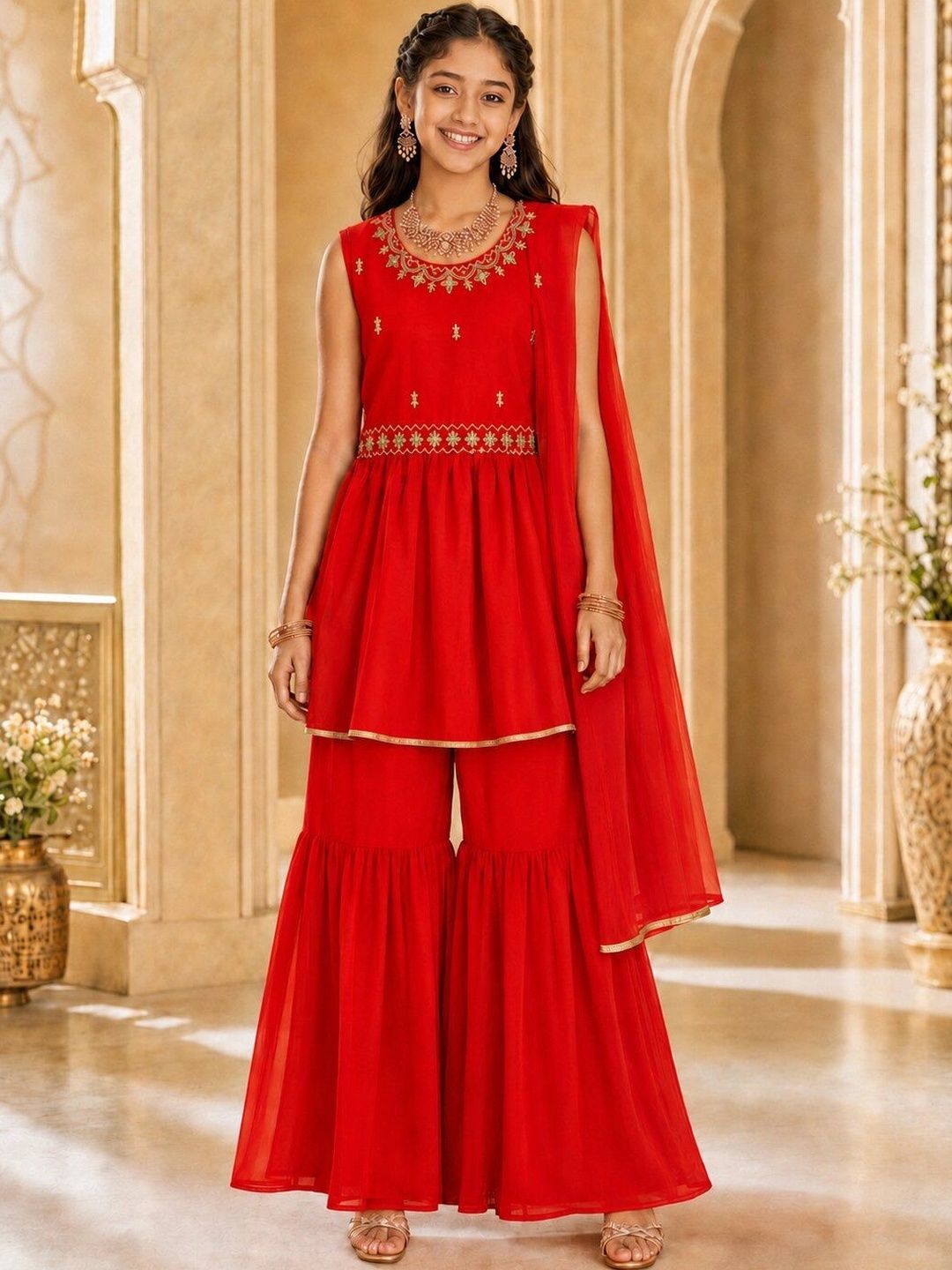 pspeaches Girls Ethnic Motifs Embroidered Empire Thread Work Kurta with Sharara & With Dupatta-picture-11