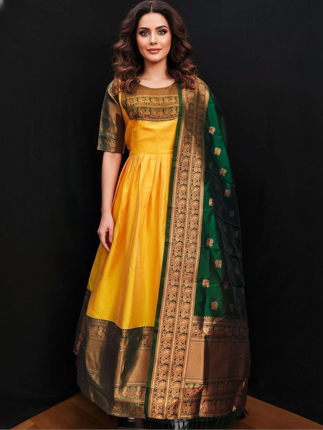 Kinjhit Fashion Woven Design Round Neck Fit & Flare Maxi Ethnic Dress With Dupatta-picture-22