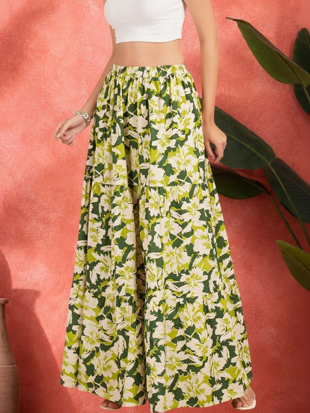 Sangria Women Pure Cotton Blend Cotton Cambric Floral Maxi Tiered Skirt-picture-55