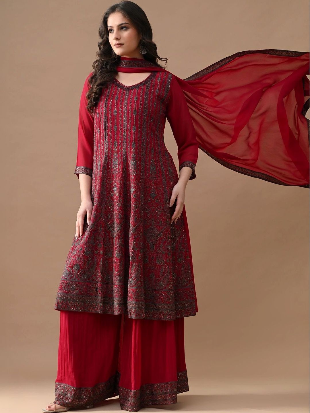 Sabhyata Women Ethnic Motifs Embroidered Regular Thread Work Kurta with Palazzos & With Dupatta-image-7