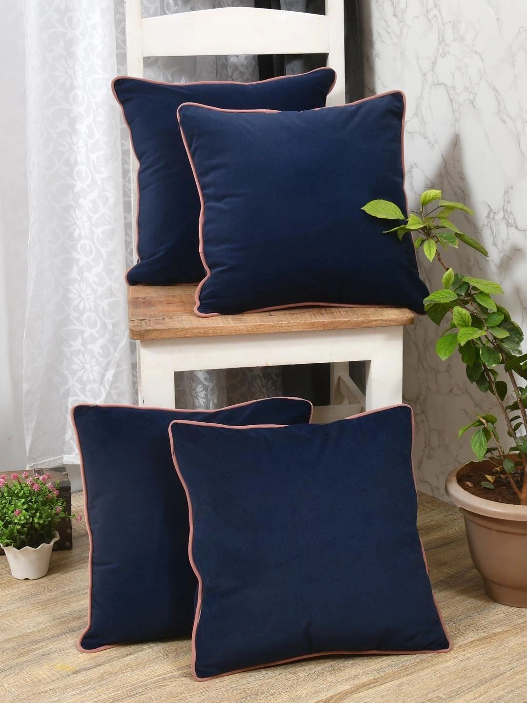 Aura Blue & Pink Set of 4 Velvet Square Cushion Covers-picture-3