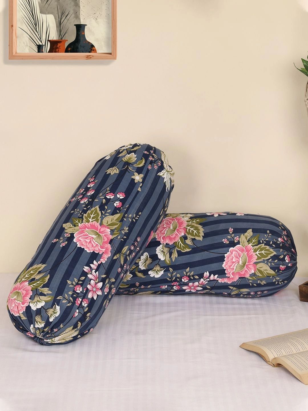 Myntra Elegant Homes 2Pc Navy Blue Printed Cotton Fade-Resistant Cylindrical Bolster Cover-image-45