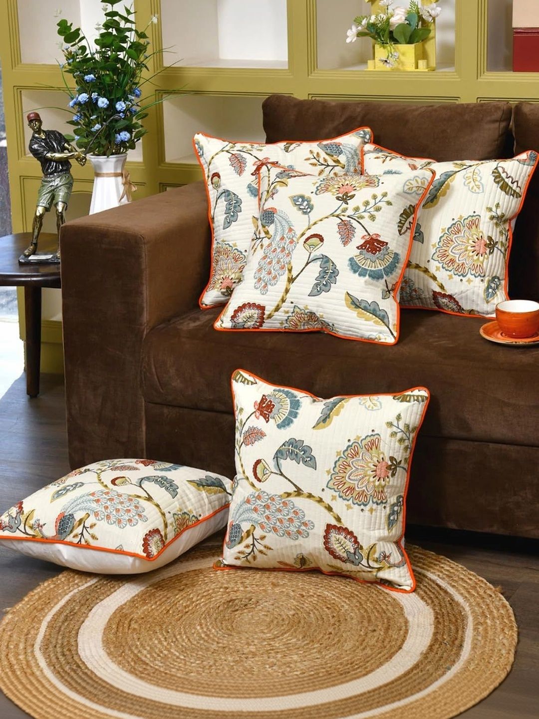 Myntra Elegant Homes Multicoloured Set of 5 Floral Square Cushion Covers-picture-48