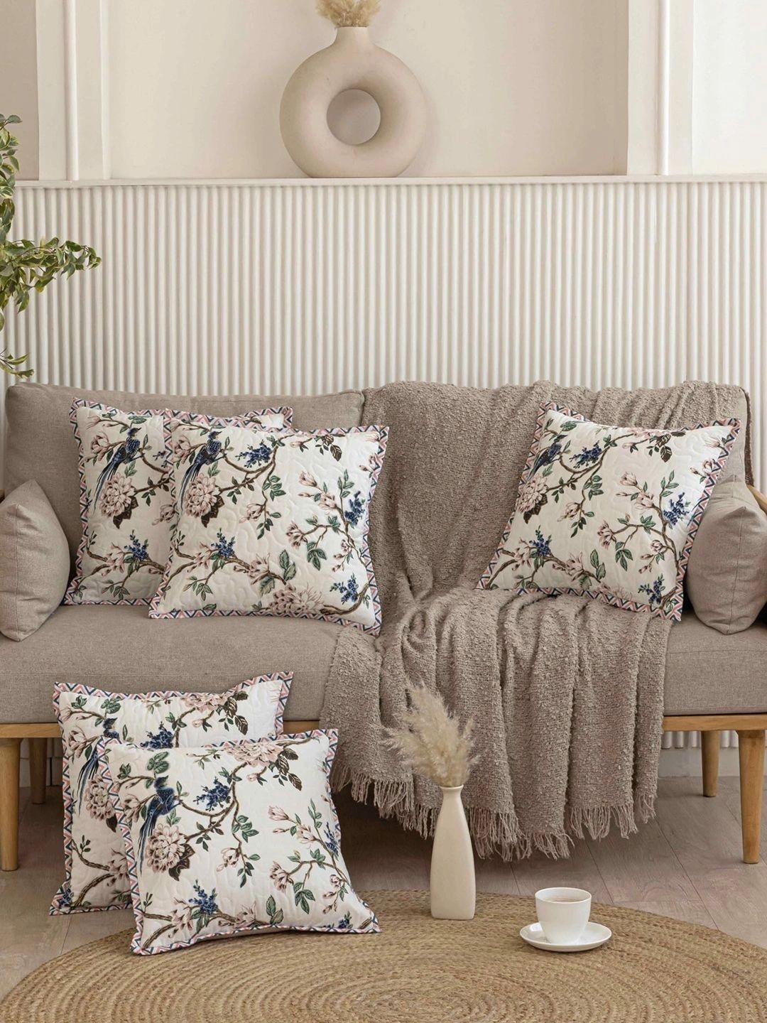 Aura Cream-Coloured & Green Set of 2 Floral Square Cushion Covers-picture-41